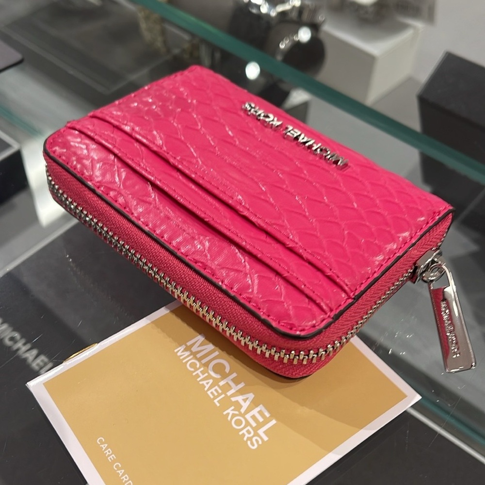 Michael Kors Women Medium Zip Around Card Case Coin Pouch Wallet Electric Pink - Picture 15 of 16